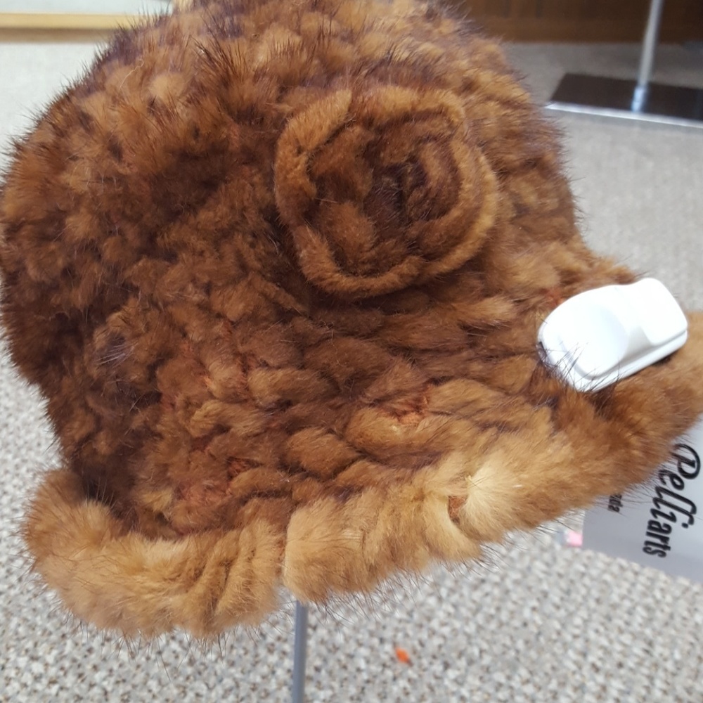 Whiskey Knitted Mink Fur Brim Hat with Rose